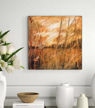 Load image into Gallery viewer, Moody Landscape | Atmospheric Landscape | Charcoal Drawing on Wood | Gallery Wall Art | Savannah Grass Drawing | Panorama Landscape