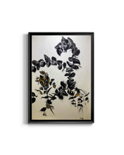 Load image into Gallery viewer, Eucalyptus branch botanical black and white charcoal drawing with gold leaf.