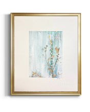 Load image into Gallery viewer, Japandi Botanical Vertical Wall Art in soft hues of turquoise and gold on a clean crisp white background.