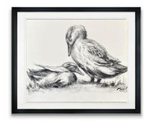 Load image into Gallery viewer, Feathered Flock Art, Charcoal Wall Art, Duck Lover Gift, Gallery Wall Art, Vintage Style Charcoal Drawing, Mom and Baby Duck Drawing.