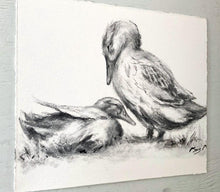 Load image into Gallery viewer, Feathered Flock Art | Charcoal Wall Art | Duck Lover Gift | Gallery Wall Art | Vintage Style Charcoal Drawing | Mom and Baby Duck Drawing
