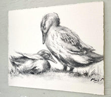 Load image into Gallery viewer, Feathered Flock Art | Charcoal Wall Art | Duck Lover Gift | Gallery Wall Art | Vintage Style Charcoal Drawing | Mom and Baby Duck Drawing