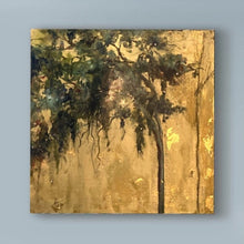 Load image into Gallery viewer, Oak tree painting, marsh oil painting, Swarovski crystal embellishment, gallery wall art, gold leaf detail, landscape oil painting