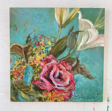 Load image into Gallery viewer, Original Lily Oil Painting, Lily and Rose Wall Art, Gallery Wall Art, Garden Flower Painting, White Lily Flower