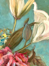 Load image into Gallery viewer, Original Lily Oil Painting, Lily and Rose Wall Art, Gallery Wall Art, Garden Flower Painting, White Lily Flower