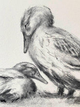 Load image into Gallery viewer, Feathered Flock Art, Charcoal Wall Art, Duck Lover Gift, Gallery Wall Art, Vintage Style Charcoal Drawing, Mom and Baby Duck Drawing