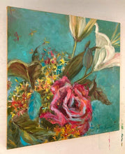Load image into Gallery viewer, Original Lily Oil Painting | Lily and Rose Wall Art | Bold Blossom Art | Garden Flower Painting | White Lily Flower