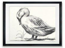 Load image into Gallery viewer, Baby Room Decor, Charcoal Wall Art, Duck Lover Gift, Gallery Wall Art, Vintage Style Charcoal Drawing, Sleeping Duck Art