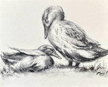 Load image into Gallery viewer, Dreamy Girl Nursery, Feathered Flock Art, Charcoal Wall Art, Vintage Style Charcoal Drawing, Mom and Baby Duck Drawing