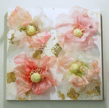 Load image into Gallery viewer, Poppy flowers are made out of a fine organza fabric which can be molded and shaped. Flowers attached to a gessoed hard panel with gold leaf. 

 Size: 12 +12

 Each piece is custom made to order.
