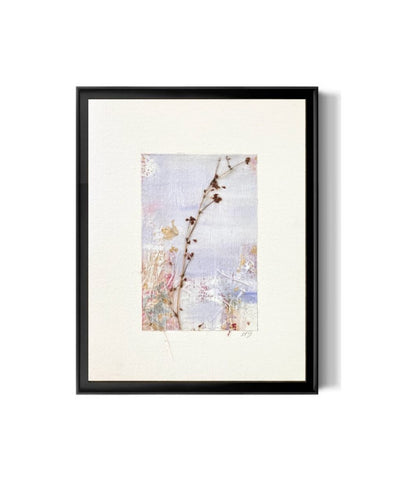 Original Japandi wall art in soft neutral hues of dusty rose, lavender, pale pink, with gold leaf on clean cream white background.