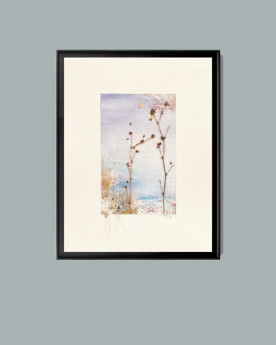 Original Japandi wall art in soft neutral hues of dusty rose, lavender, pale pink on clean cream white background.