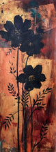 Load image into Gallery viewer, Original Rose Gold Black Botanical oil painting on gold, copper leafing on heavy watercolor paper. Vertical oil painting.
