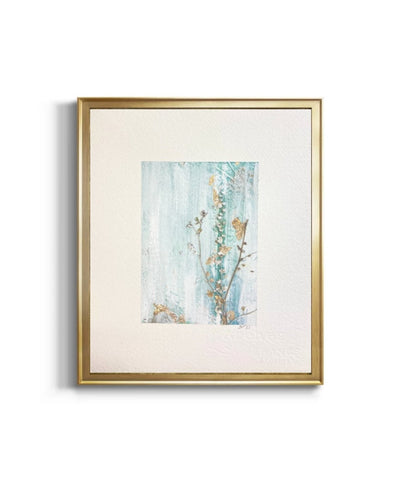 Japandi Botanical Vertical Wall Art in soft hues of turquoise and gold on a clean crisp white background.