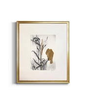 Load image into Gallery viewer, Japandi Botanical Black &amp; Gold vertical wall art in soft values of charcoal and gold on a clean crisp white background. Unframed.
