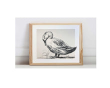 Load image into Gallery viewer, Embellished giclee charcoal reproduction of a solitude duck at peace on a cream white background.
