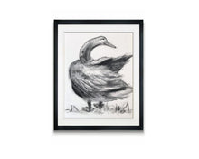 Load image into Gallery viewer, Soft Charcoal Duck Drawing, gender neutral nursery room, baby room elegant decor, on a cream white background. Frame not included.
