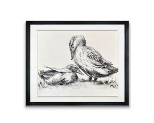 Feathered Flock Art, Charcoal Wall Art, Duck Lover Gift, Gallery Wall Art, Vintage Style Charcoal Drawing, Mom and Baby Duck Drawing.