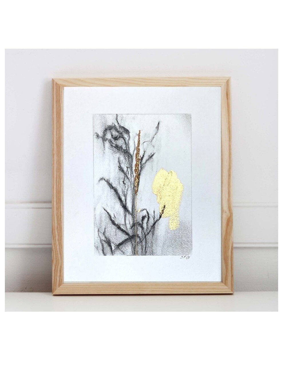 Holiday Original Art, Wildflower Charcoal Drawing, Gold Leaf Painting, Gallery Wall Art, Spa Wall Decor, Neutral Wall Art