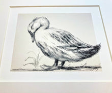 Load image into Gallery viewer, Embellished black and white giclee charcoal drawing of a solitude duck at peace on a cream white neutral background, Nursery room wall decor
