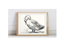 Load image into Gallery viewer, Modern Duckling Charcoal Wall Art for nursery, kids room. Charcoal drawing on cream white neutral background. Elegant farmhouse room decor.
