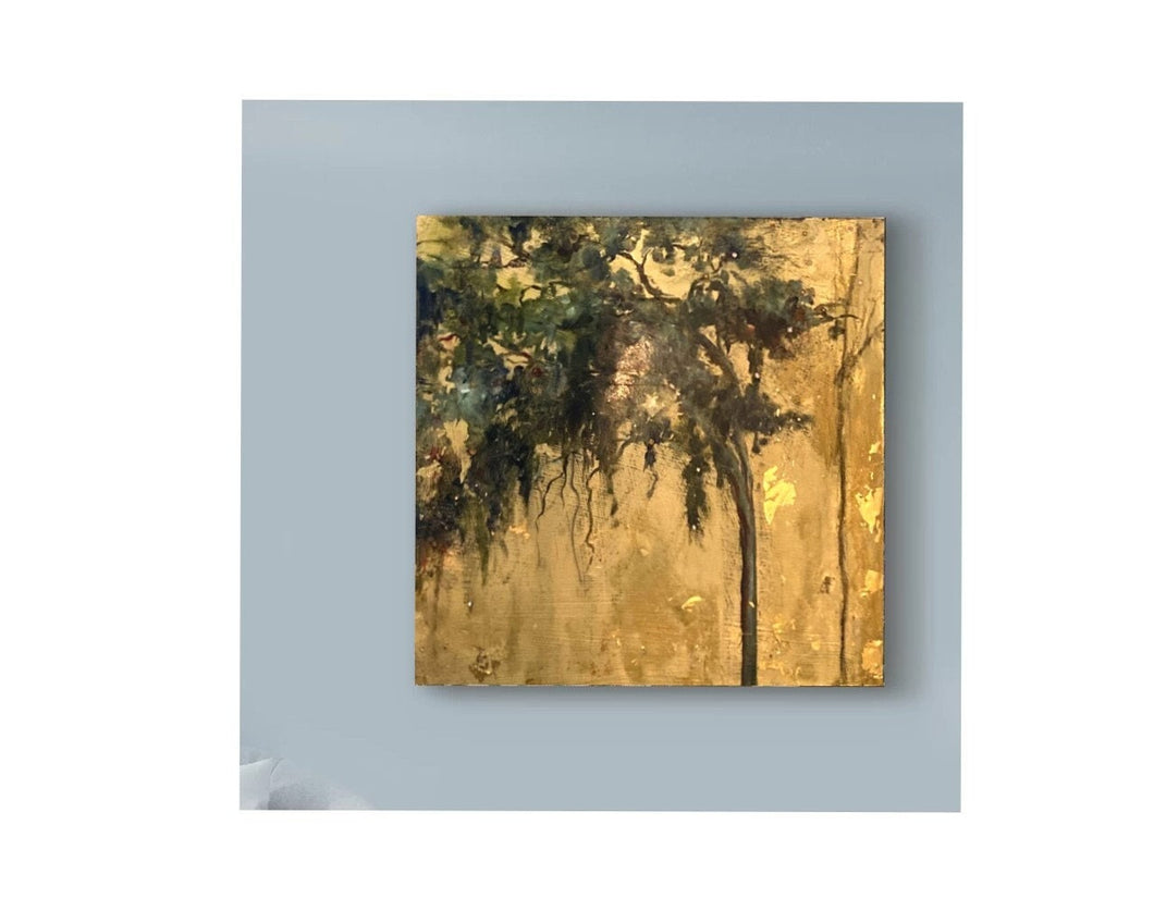 Oak tree painting, marsh oil painting, Swarovski crystal embellishment, gallery wall art, gold leaf detail, landscape oil painting