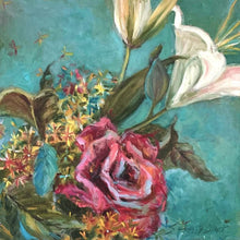 Load image into Gallery viewer, Original Lily Oil Painting | Lily and Rose Wall Art | Bold Blossom Art | Garden Flower Painting | White Lily Flower
