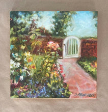 Load image into Gallery viewer, Courtyard Art, Lush Garden Landscape, Jeweled Toned Painting, Gallery Wall Art, Vibrant Flower Painting, Housewarming Gift
