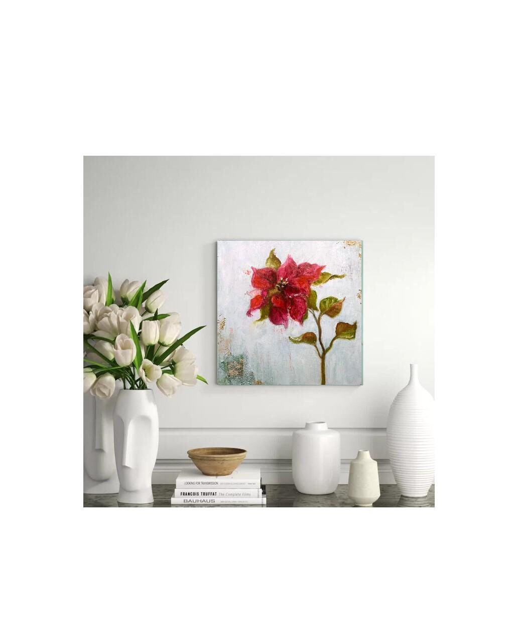 Christmas Red Art Original, Botanical Painting, Holiday Flower On Wood Panel, Hand Painted, Poinsettia Painting, Winter Palette